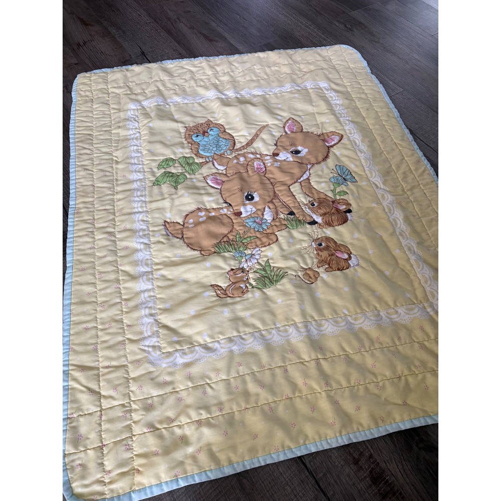 Vintage Disney Bambi Baby Quilt Yellow Thumper Flower Nursery Blanket